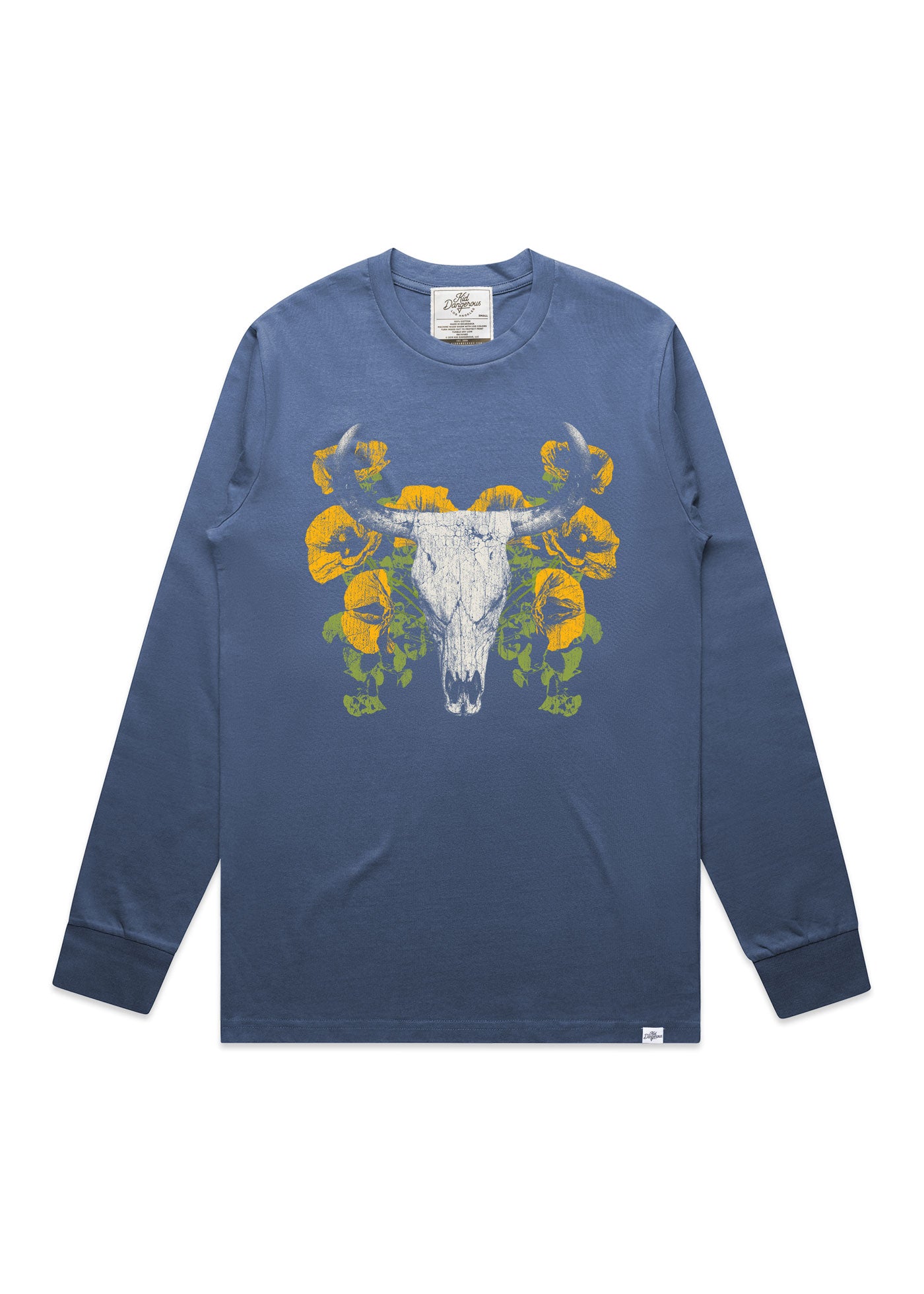 Floral Skull Men's Slate Blue Heavyweight Long Sleeve T-Shirt