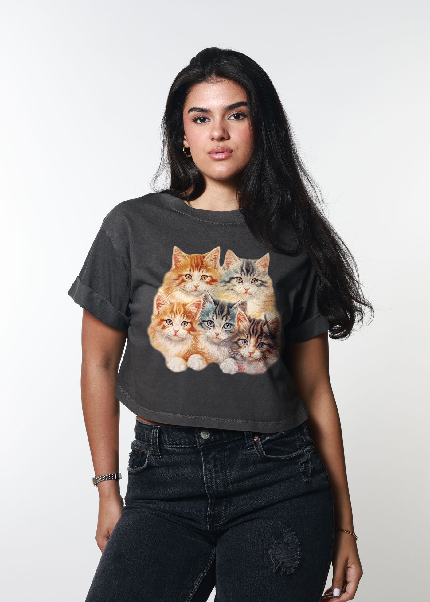 Kittens Vintage Black Cropped Boyfriend Tee