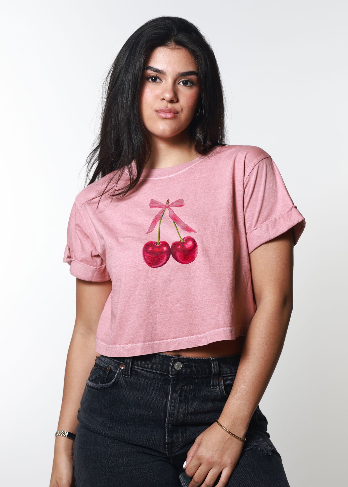 Parisian Cherries Dusty Pink Cropped Boyfriend Tee