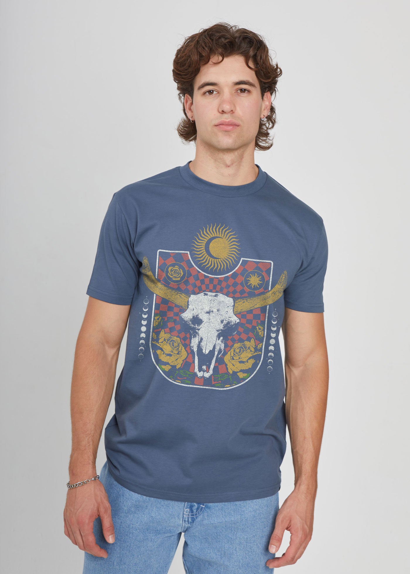 Skull & Roses Men's Slate Blue Heavyweight T-Shirt