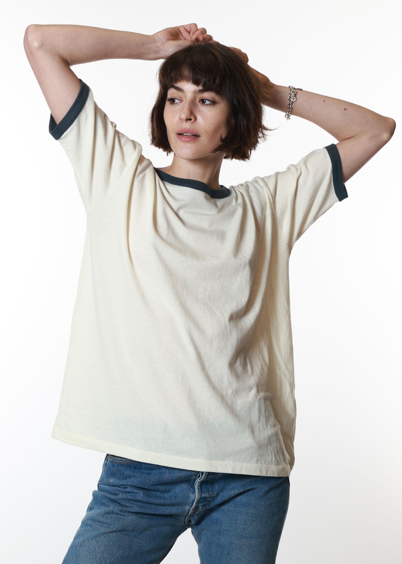 Bone & Navy Slouchy Ringer Tee