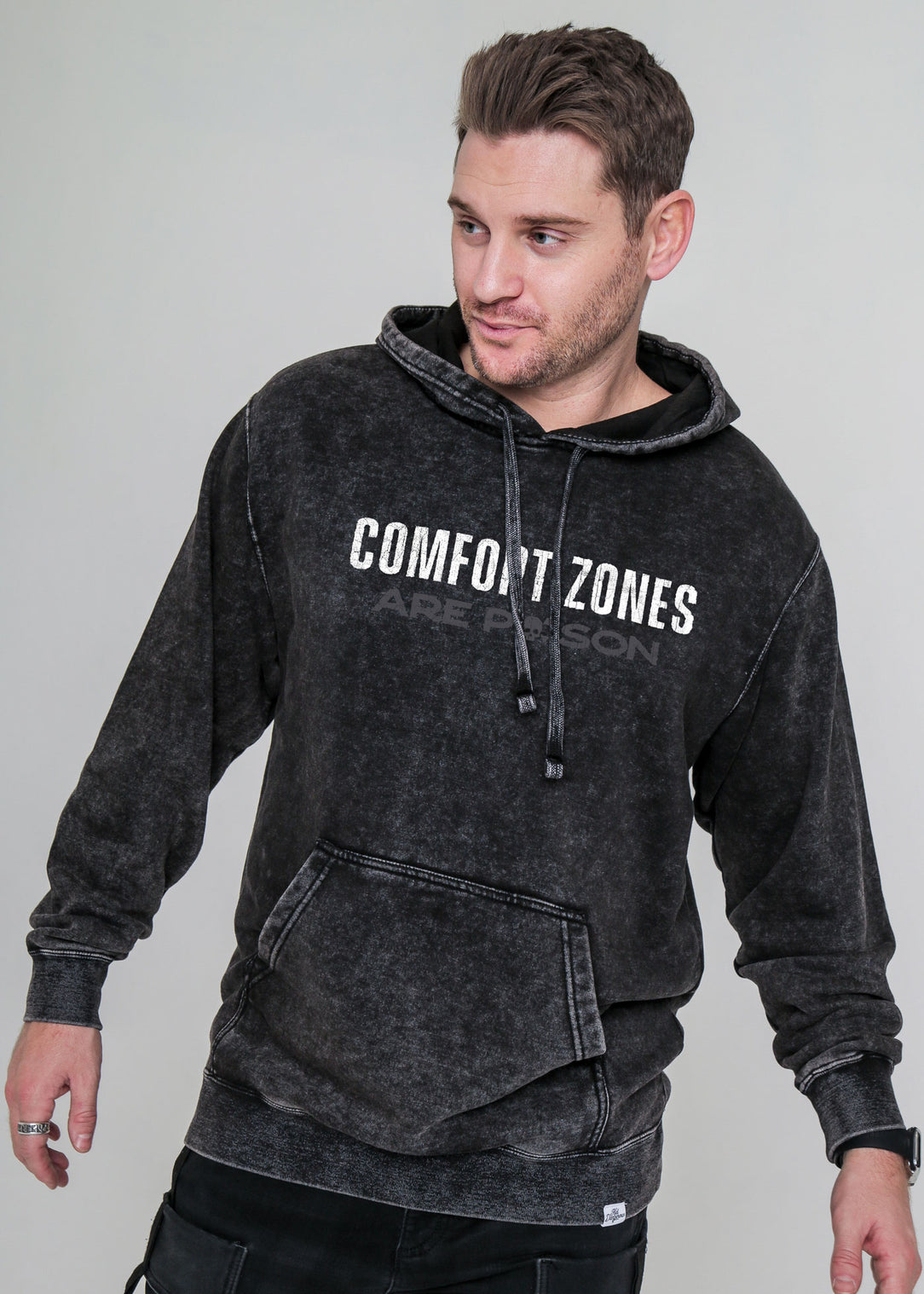 Comfort Zones are Poison Mineral Wash Black Pullover Hoodie — Kid Dangerous