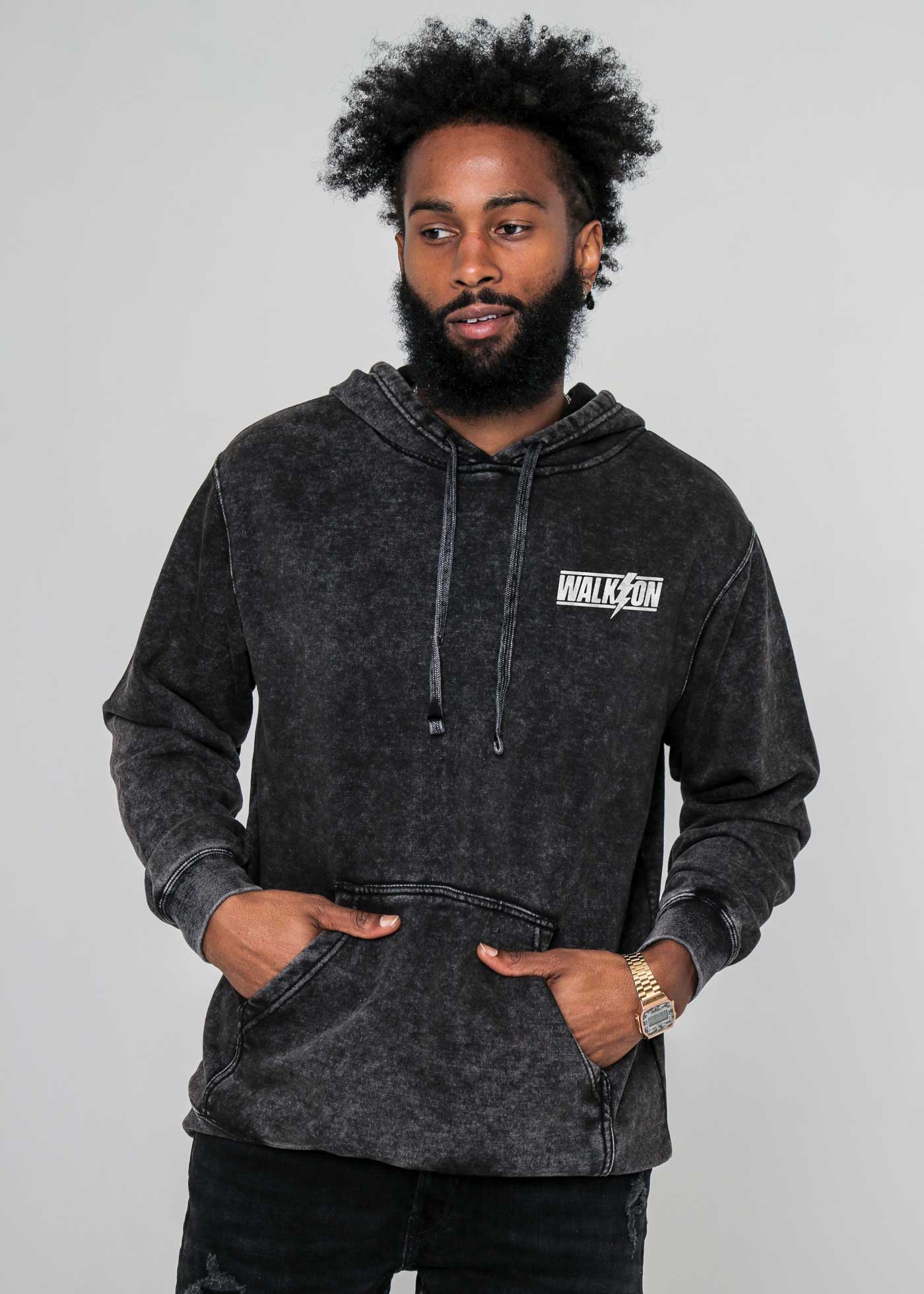 Walk On Lightning Pocket Mineral Wash Black Pullover Hoodie